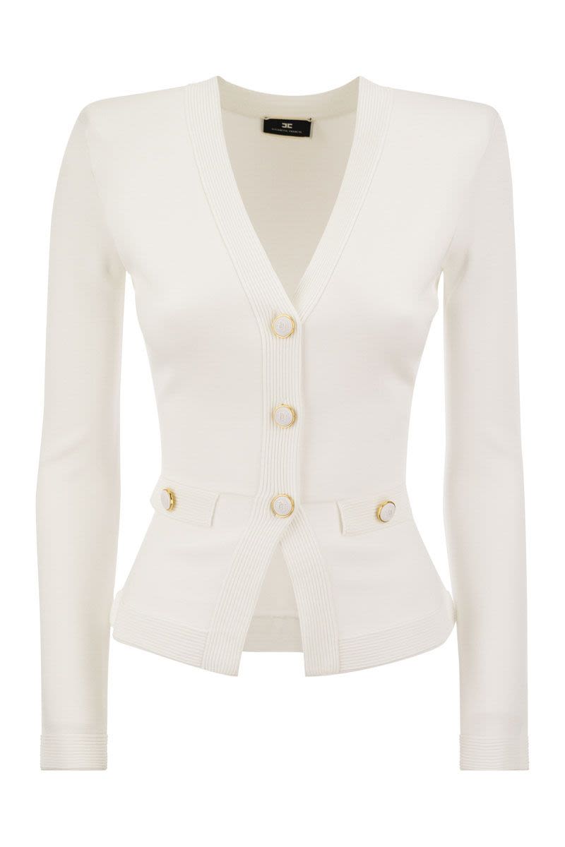 ELISABETTA FRANCHI Shiny Viscose Cardigan with Twin Buttons - Basque Waist, Piped Trim, Mock Flap Pockets, Padded Epaulettes - Designer ID: MK43S41E2