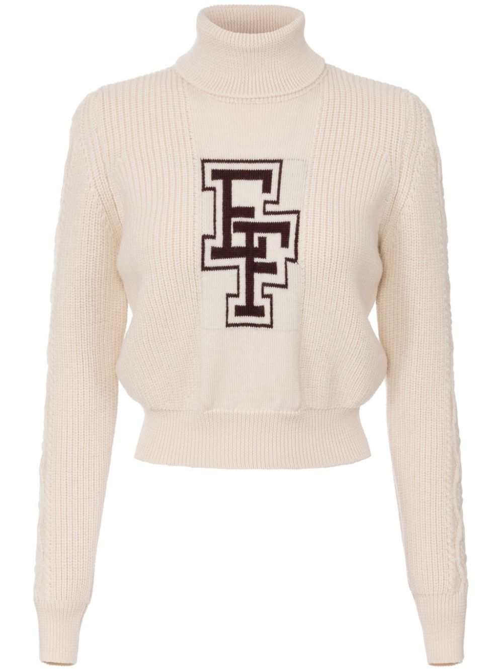 ELISABETTA FRANCHI Chic Beige Long Neck Sweater with Burgundy Logo for Women