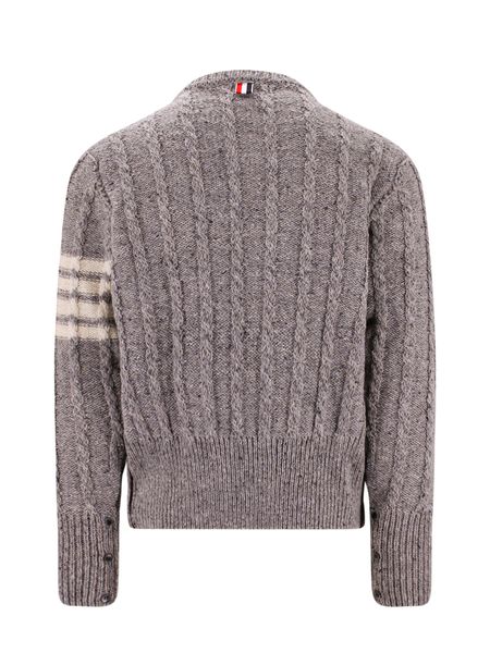 THOM BROWNE Blue Braided Wool Sweater with Contrast 4-Bar Detail and Tricolor Accents