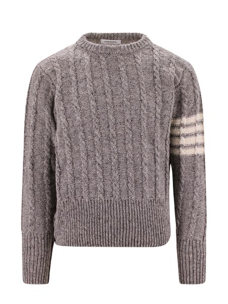 THOM BROWNE Blue Braided Wool Sweater with Contrast 4-Bar Detail and Tricolor Accents