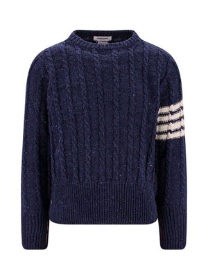 THOM BROWNE Blue Braided Wool Sweater with Contrast 4-Bar Detail and Tricolor Accents