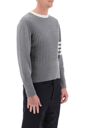 THOM BROWNE Grey Placed Baby Cable 4-Bar Cotton Sweater for Men