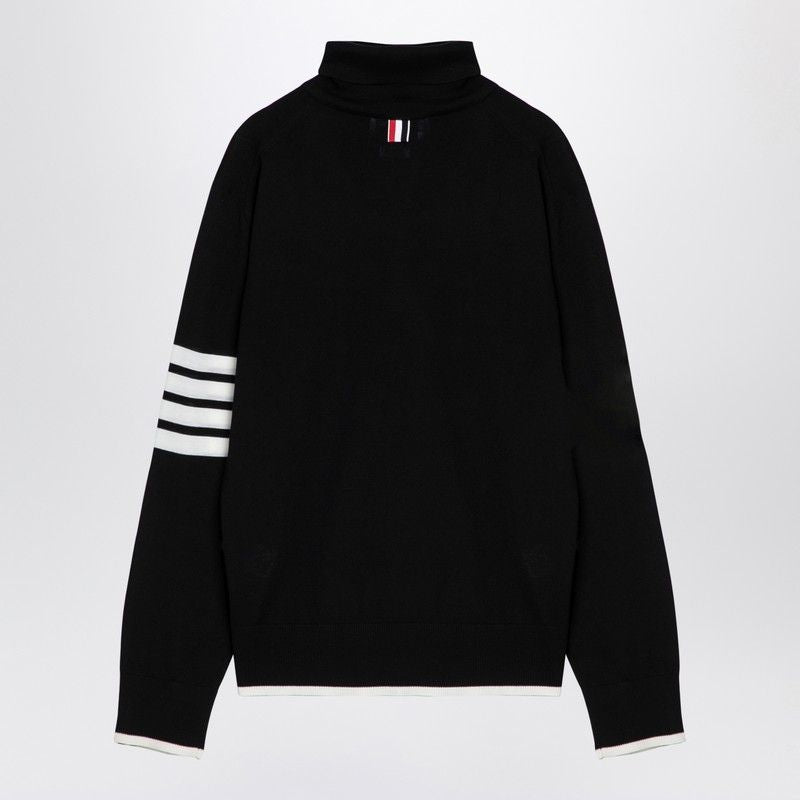 THOM BROWNE Elegant Black Wool Turtleneck Sweater with Contrast Stripes