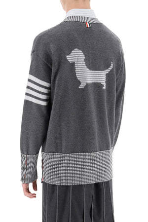 THOM BROWNE Men's Cotton Cardigan with Hector Intarsia - Grey - SS24