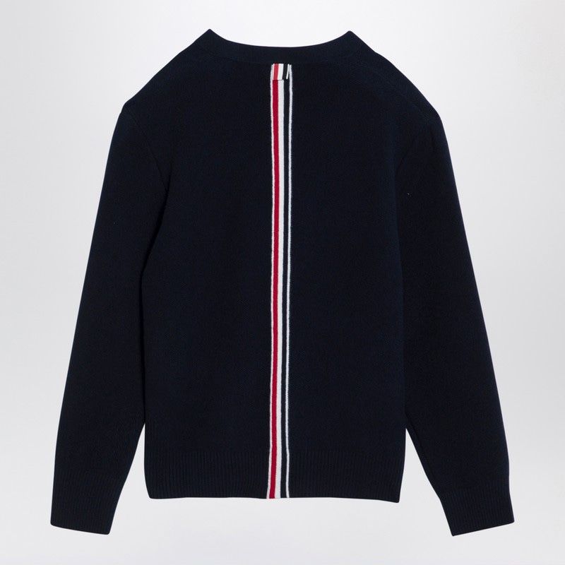 THOM BROWNE Navy Blue Wool V-Neck Cardigan with Tri-Color Back Detail