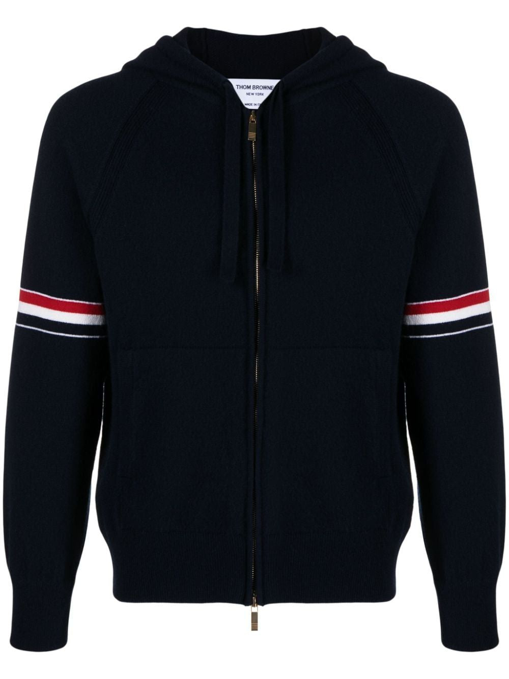 THOM BROWNE Luxury Cashmere Zip-Up Hoodie with Float Jacquard Stitch - Navy