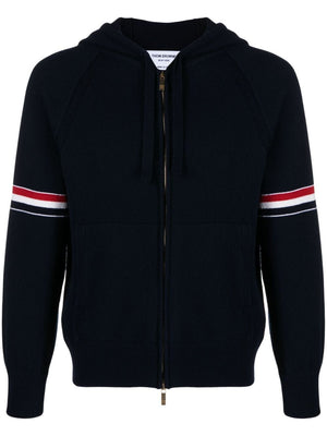 THOM BROWNE Luxury Cashmere Zip-Up Hoodie with Float Jacquard Stitch - Navy