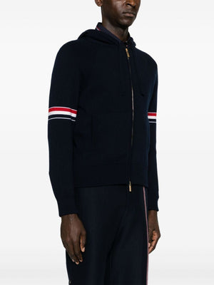 THOM BROWNE Luxury Cashmere Zip-Up Hoodie with Float Jacquard Stitch - Navy