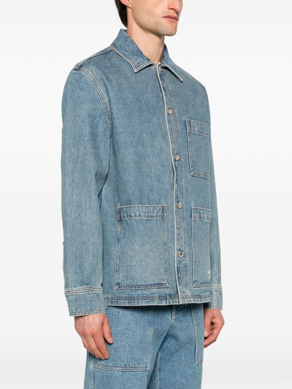 MAISON KITSUNÉ Men's Blue Denim Jacket with Contrast Stitching and Three Flat Pockets