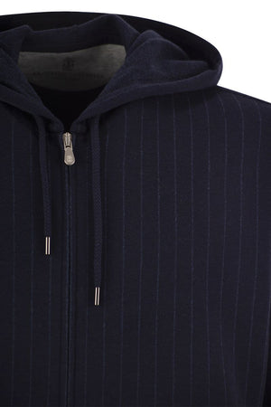 BRUNELLO CUCINELLI Luxury Pinstripe Zip Hoodie in Cotton, Cashmere & Silk Blend