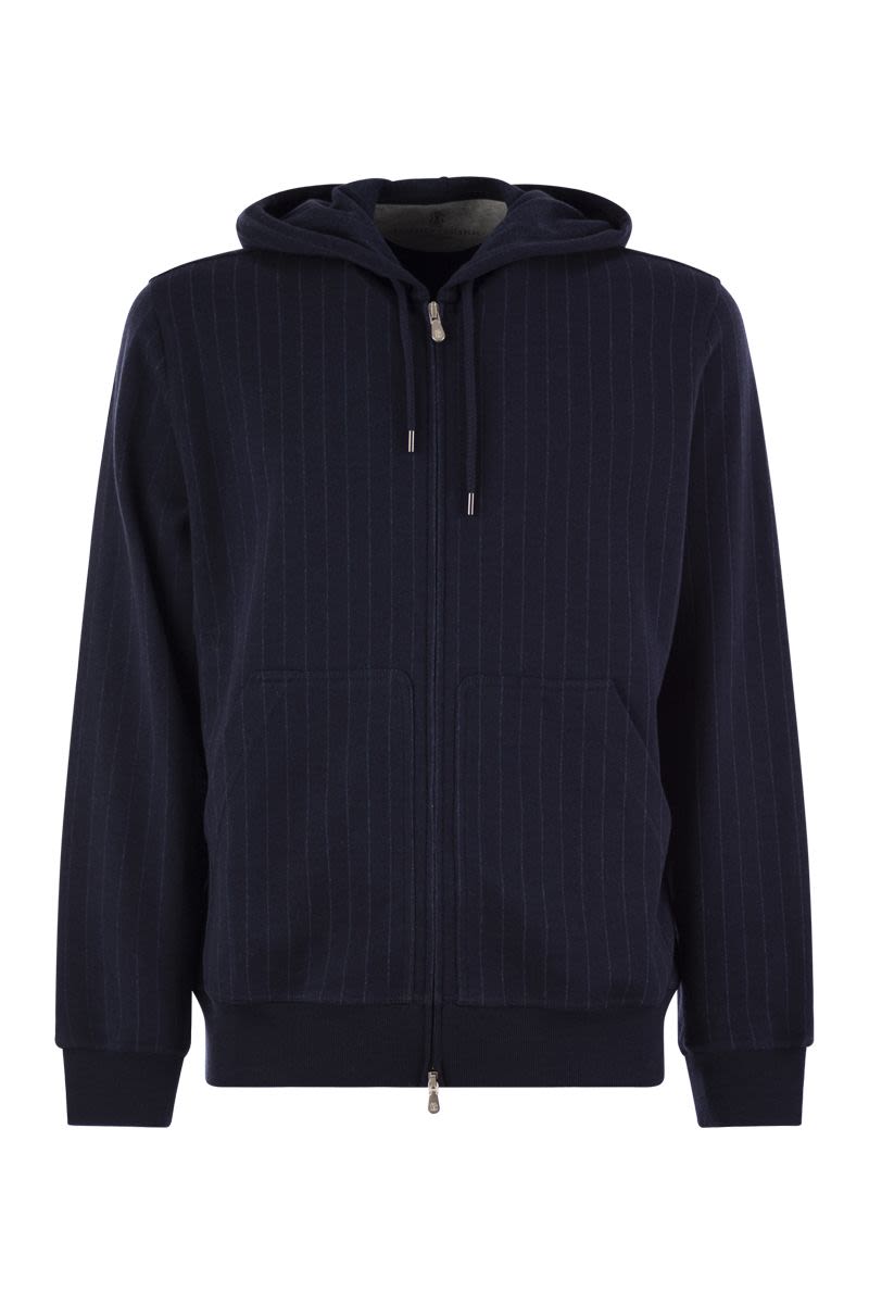 BRUNELLO CUCINELLI Luxury Pinstripe Zip Hoodie in Cotton, Cashmere & Silk Blend