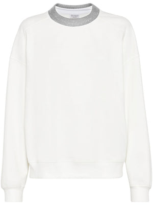 BRUNELLO CUCINELLI Elegant White Cotton Crewneck Sweater with Monili Detail