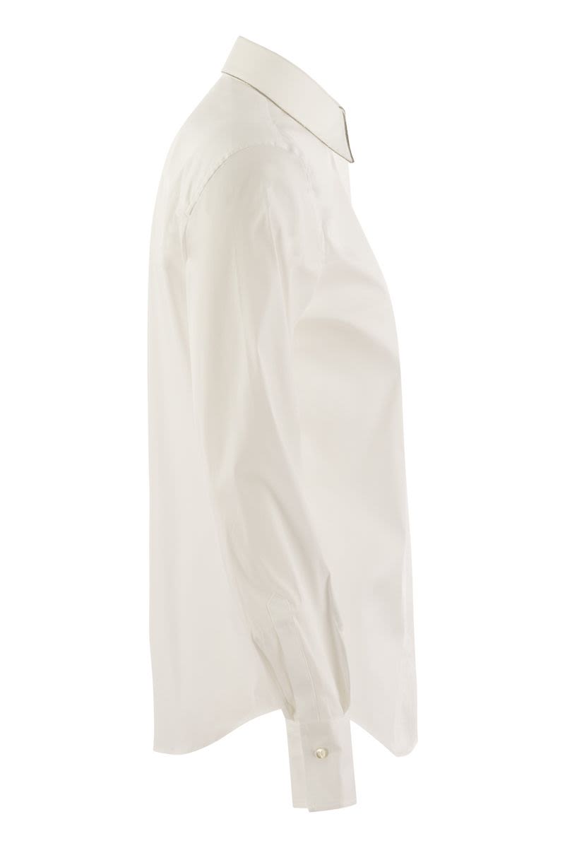 BRUNELLO CUCINELLI Elegant White Stretch Cotton Poplin Shirt with Monili Detail