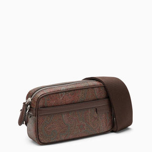 ETRO Mini Paisley Jacquard Canvas Crossbody Bag with Leather Accents for Men - Brown