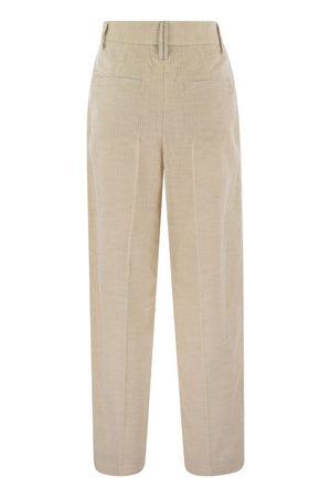 BRUNELLO CUCINELLI Striped Flared Canvas Trousers with Jewel Accent