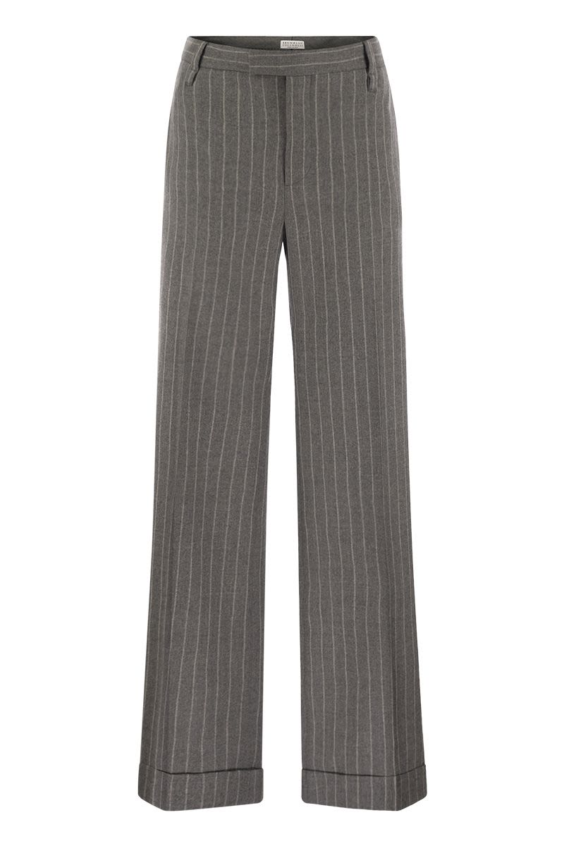 BRUNELLO CUCINELLI Elegant Striped Wool Flare Trousers with Bead Detail