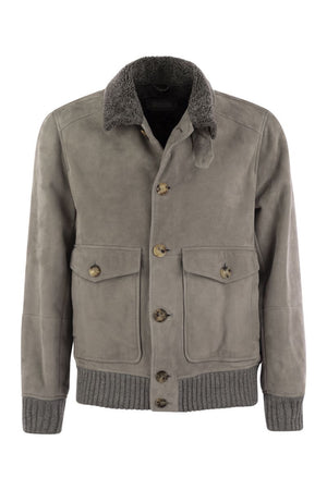 BRUNELLO CUCINELLI Luxury Suede Sheepskin Bomber Jacket with Wool Accents