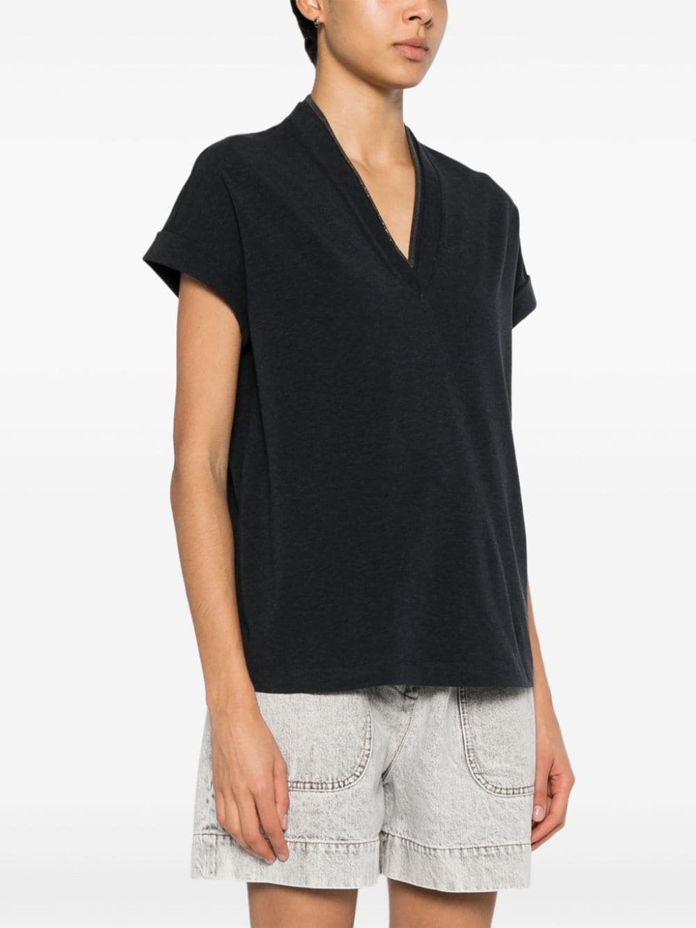 BRUNELLO CUCINELLI Elegant Grey V-Neck Cotton Tee with Monili Detail