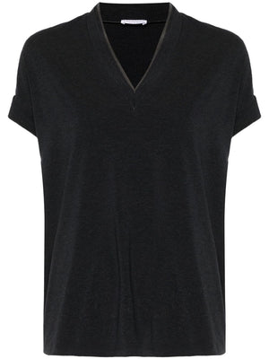 BRUNELLO CUCINELLI Elegant Grey V-Neck Cotton Tee with Monili Detail