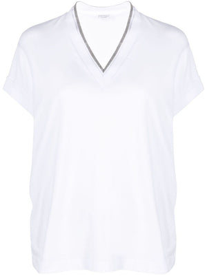 BRUNELLO CUCINELLI Elegant V-Neck Embellished Cotton Tee