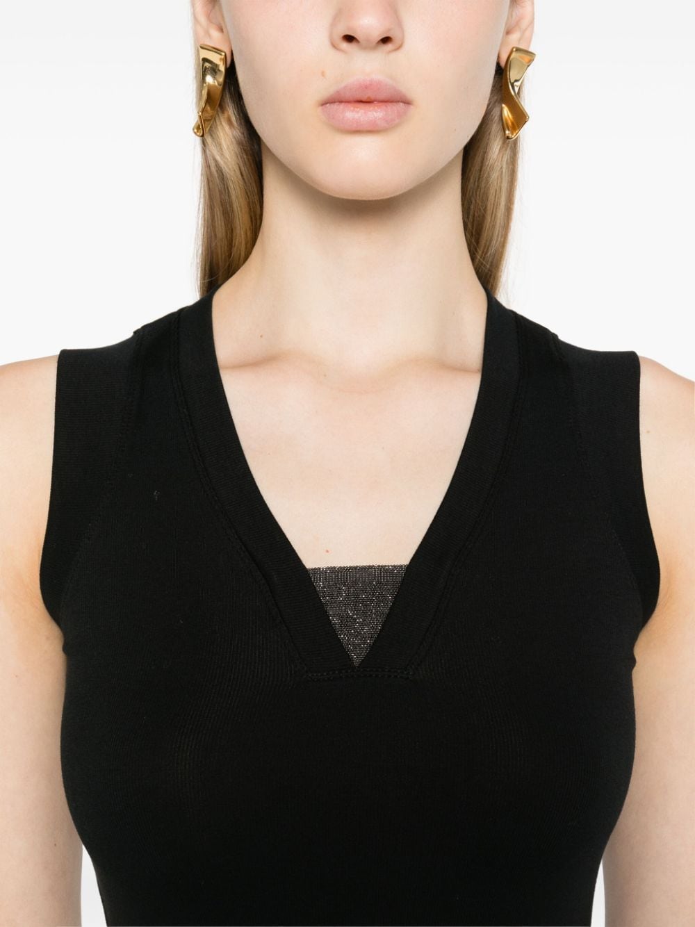 BRUNELLO CUCINELLI Elegant Black V-Neck Sleeveless Ribbed Top