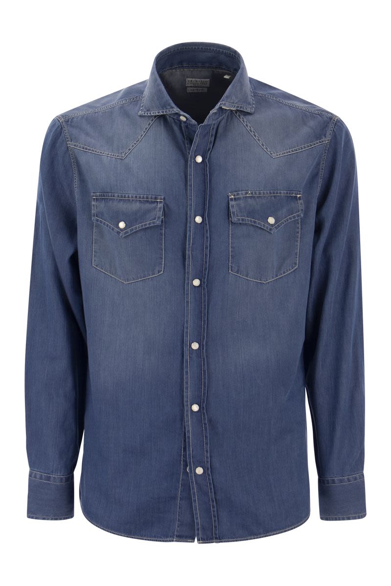 BRUNELLO CUCINELLI Men's Easy Fit Denim Shirt with Western-inspired Details