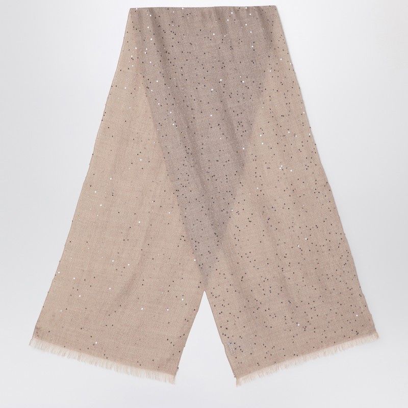 BRUNELLO CUCINELLI Dove-Colored Cashmere and Silk Scarf with Fringes and Sequins