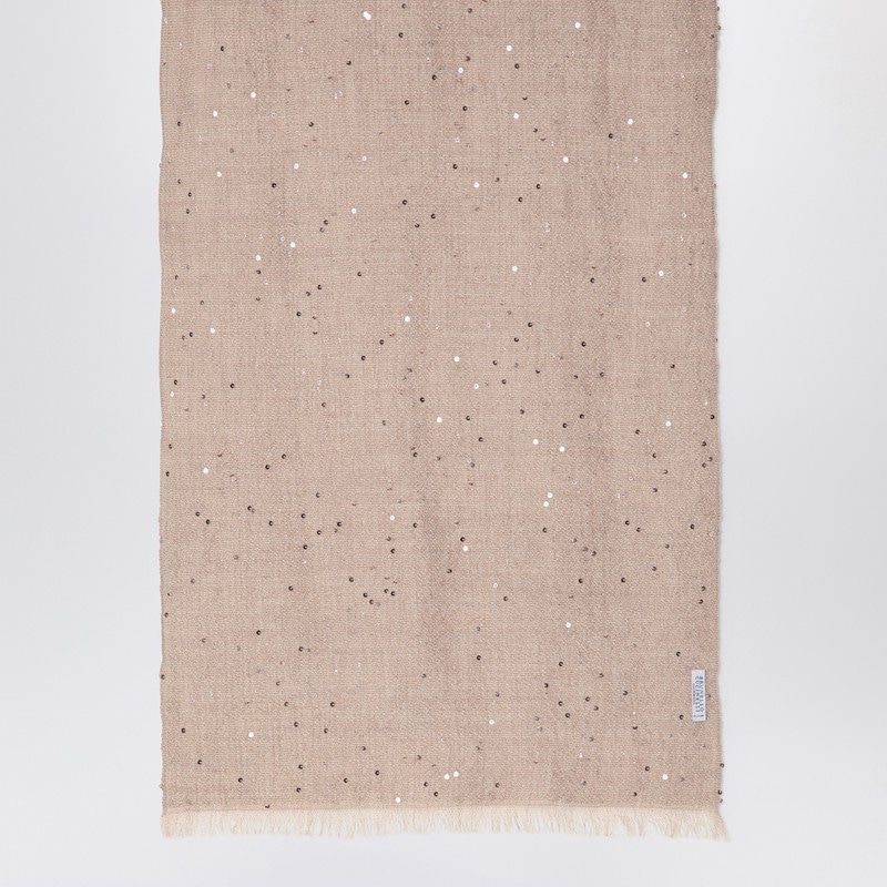 BRUNELLO CUCINELLI Dove-Colored Cashmere and Silk Scarf with Fringes and Sequins