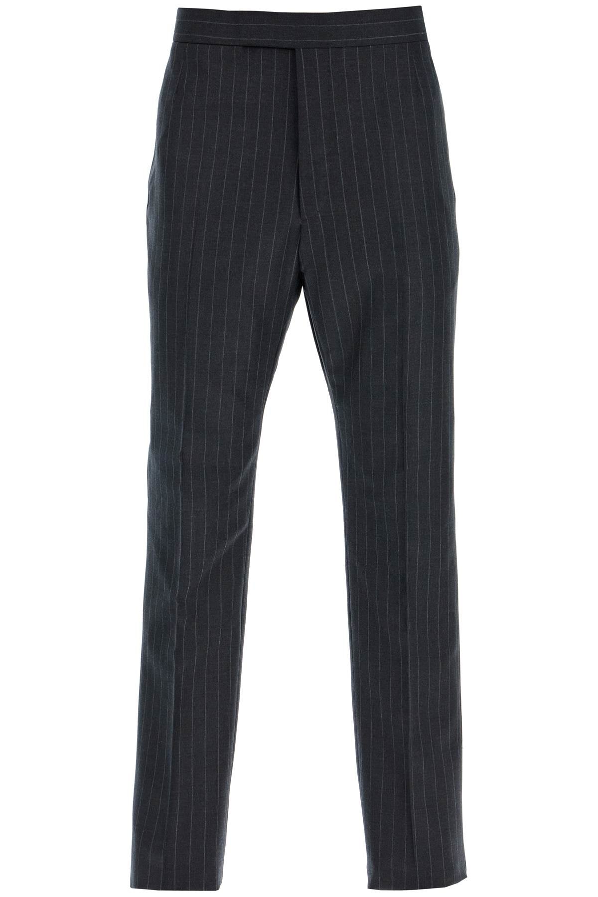 THOM BROWNE Elegant Striped Wool Trousers with Adjustable Back Strap