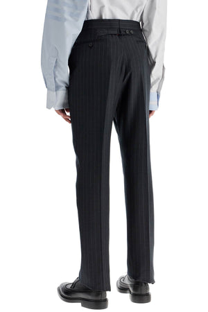 THOM BROWNE Elegant Striped Wool Trousers with Adjustable Back Strap