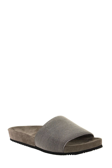 BRUNELLO CUCINELLI Silver Monili Slide Sandals for Women with Anatomical Footbed and Leather Sole