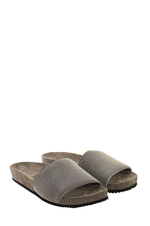 BRUNELLO CUCINELLI Silver Monili Slide Sandals for Women with Anatomical Footbed and Leather Sole