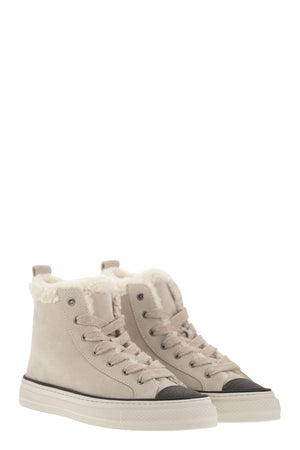 BRUNELLO CUCINELLI Luxury Suede Sneakers with Shearling Lining and Jeweled Toe Cap - 3.5 cm Sole