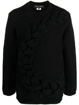 HOMME PLISSE Men's Black Chunky Cable Knit Crew Neck Sweater for FW24