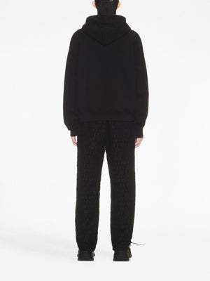 OFF-WHITE Men's Black Hooded Sweatshirt with Ribbed Cuffs and Lower Edge