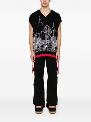 OFF-WHITE Relaxed Fit V Neck Sleeveless Knit Jumper with Skyline Graphic