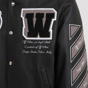 OFF-WHITE Premium Black Leather Varsity Jacket