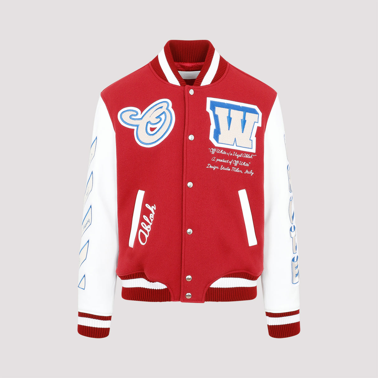 OFF-WHITE Men's Red Wool-Blend Bomber Jacket with Leather Sleeves