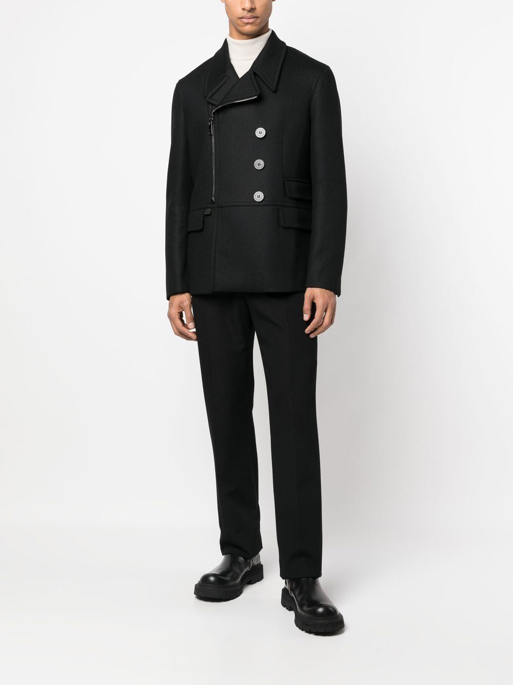 NEIL BARRETT Men's Black Zip-Up Peacoat for FW22