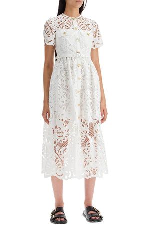 SELF-PORTRAIT Elegant Floral Lace Midi Dress with Jewel Buttons