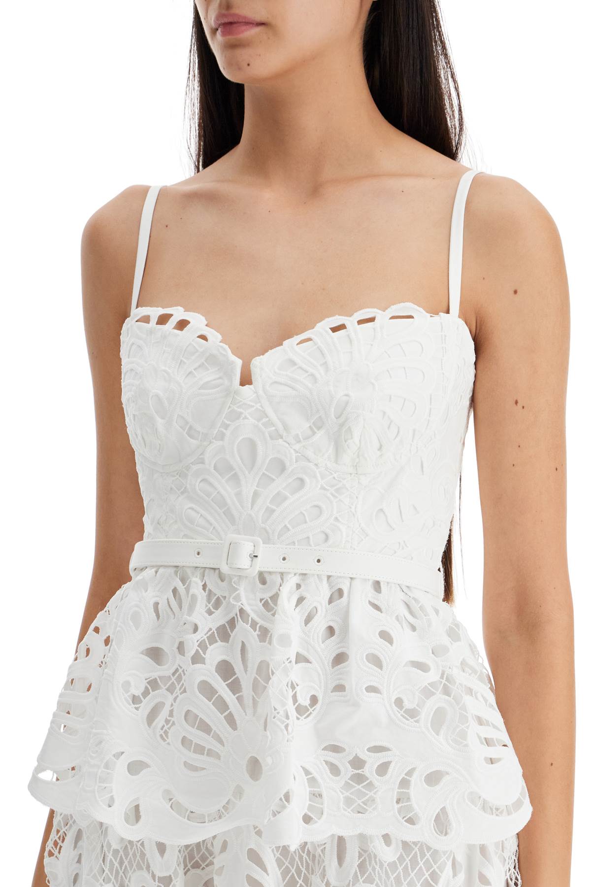 SELF-PORTRAIT White Lace Bustier Mini Dress with Peplum Skirt and Belt