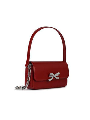 SELF-PORTRAIT Elegant Burgundy Leather Mini Baguette with Diamanté Bow (9x4x2 in)