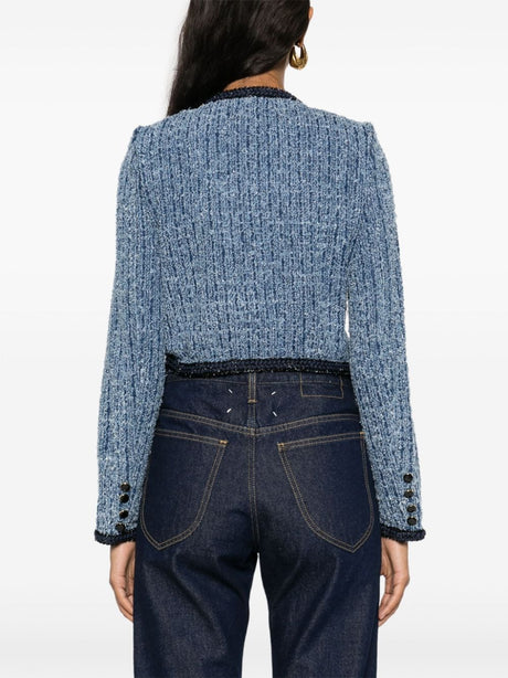 SELF-PORTRAIT Navy Blue Cropped Denim Jacket with Lurex Braided Trim