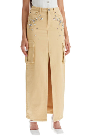 SELF-PORTRAIT Crystal-Embellished Maxi Denim Cargo Skirt