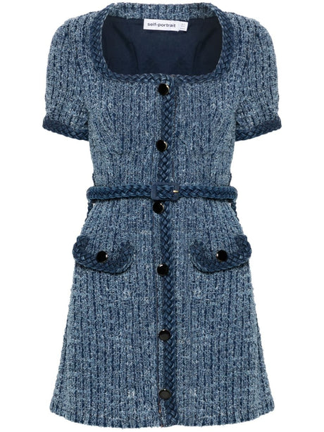 SELF-PORTRAIT Textured Blue Denim Mini Dress with Detachable Belt