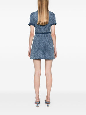 SELF-PORTRAIT Textured Blue Denim Mini Dress with Detachable Belt