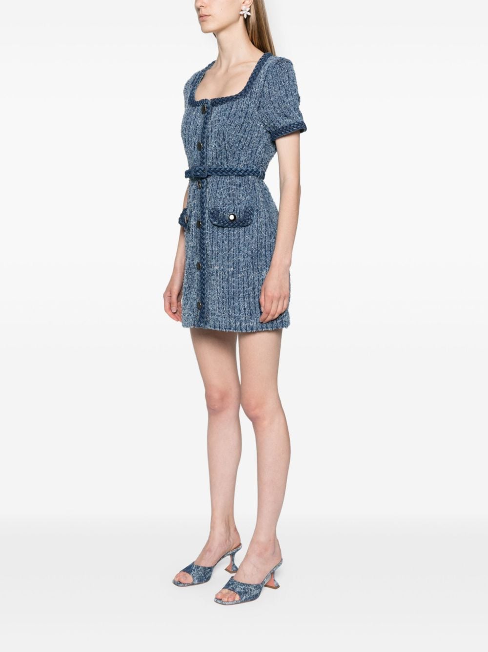 SELF-PORTRAIT Textured Blue Denim Mini Dress with Detachable Belt