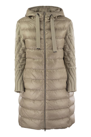 HERNO Elegant Long Down Jacket with Wool-Textured Sleeves