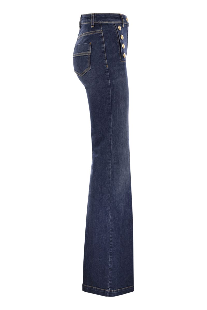 ELISABETTA FRANCHI High Waist Flared Stretch Cotton Jeans with Side Button Fastening