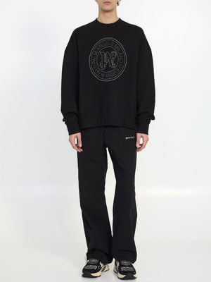 PALM ANGELS Men's Black Crewneck Sweatshirt with Embroidered Emblem and Silver Studs